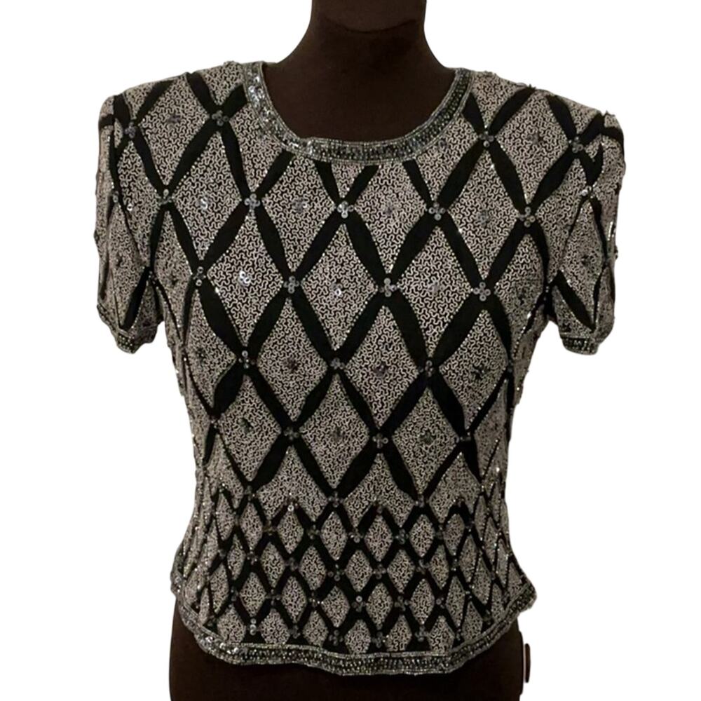 Adrianna Papell Black Silver Sequins Blouse Top 100% Silk Glam Bling 90s Size M